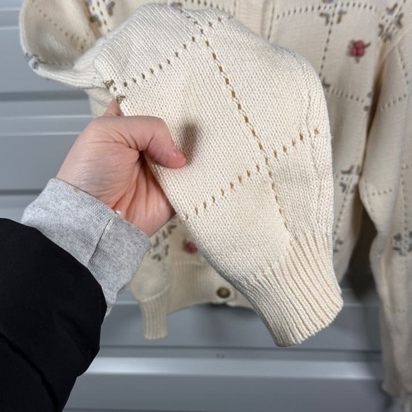 Lizsport Vintage Floral Embroidered Pointelle Cotton Cardigan Sweater Cream - Picture 3 of 4